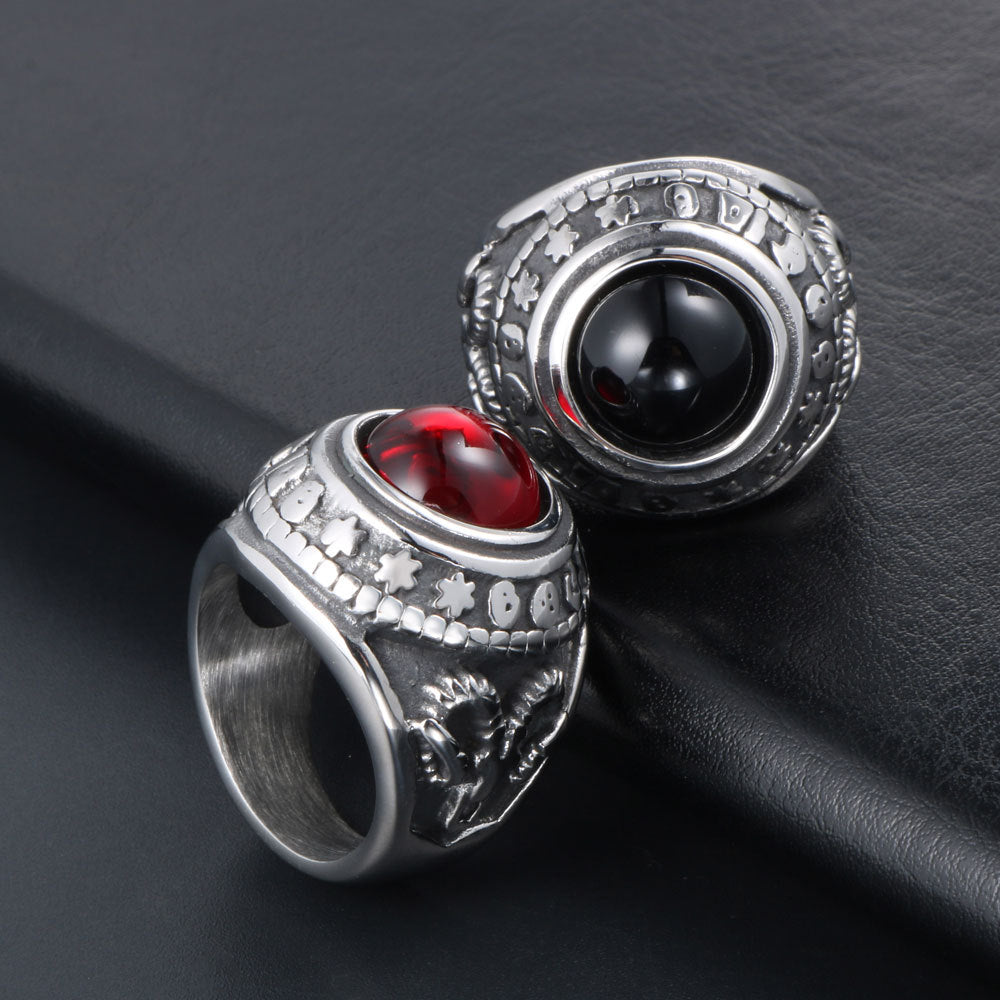 Retro Titanium Steel Ring with Red and Black Agate for Men - Noble Court Fashion Jewelry