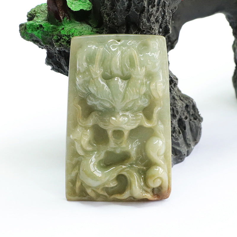 Dragon Carved Yellow Burmese Jade Pendant Sterling Silver Fortune's Favor