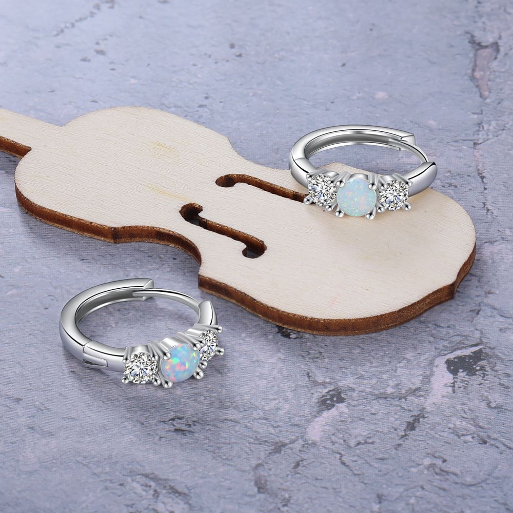 Round Opal with Two Small Zircon Sterling Silver Hoop Earrings