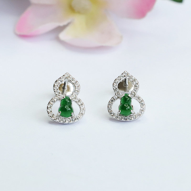 Gourd Stud Jade Earrings in Sterling Silver 925