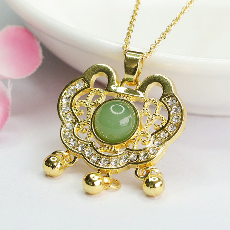 Retro Natural Hetian Jade Jasper Pendant with Ruyi Lock Charm