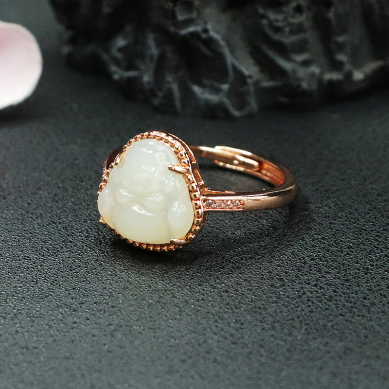 Serenity Collection: Natural Hotan Jade White Buddha Ring