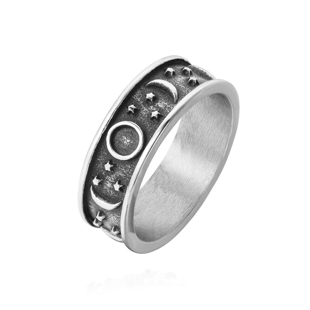 Vintage Star and Moon Titanium Steel Ring