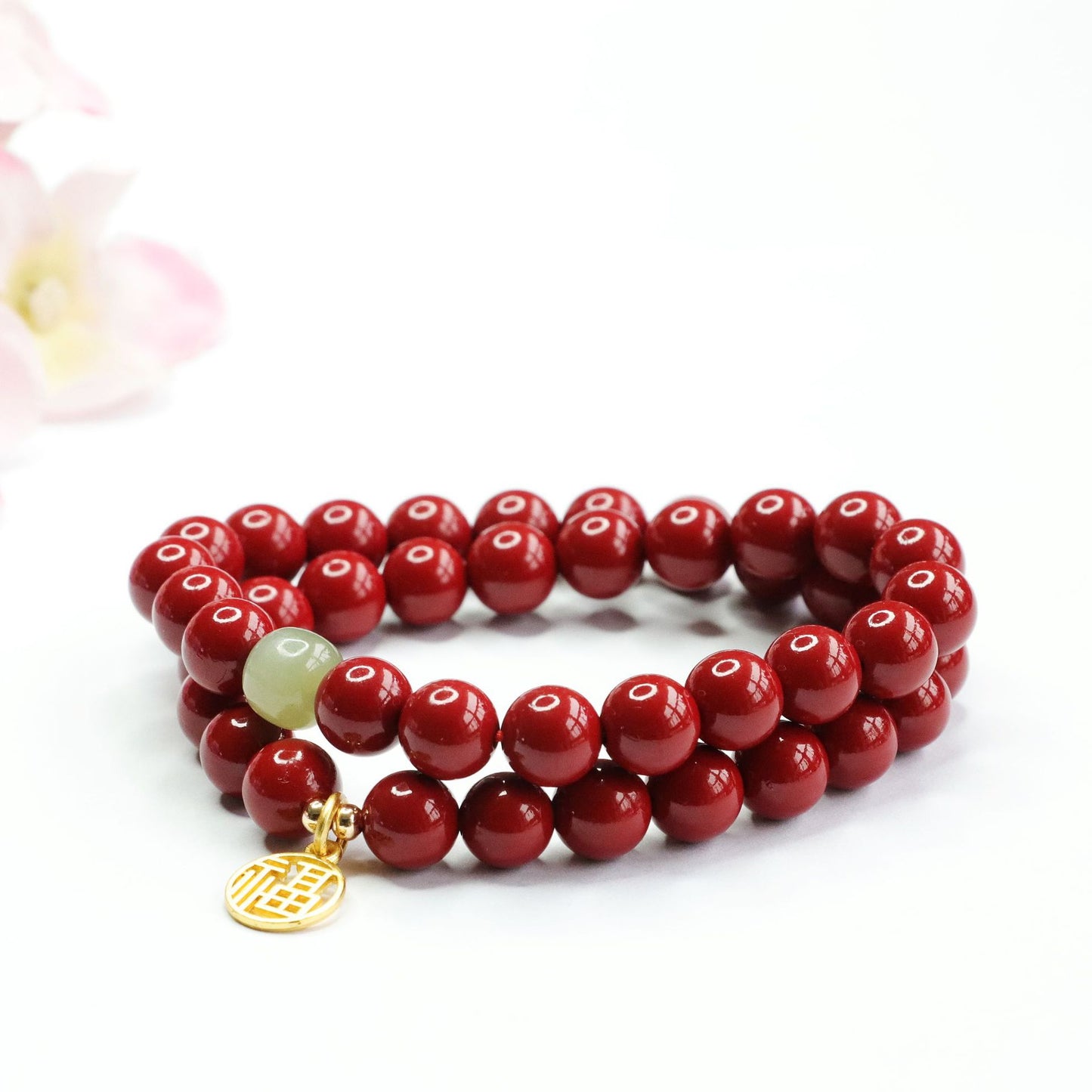 Cinnabar Stone and Jade Rosary Bracelet with Sterling Silver Details