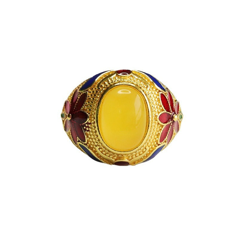 Yellow Amber Wide Flower Ring with Beeswax Accent