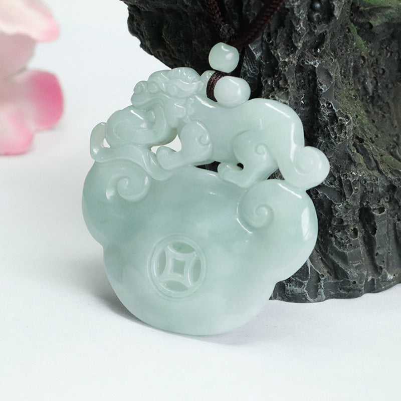 Good Luck Charm Burmese Jade Pendant with Sterling Silver Pixiu Detail