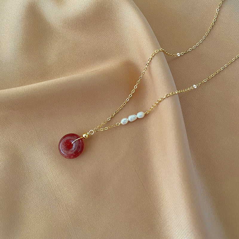 Strawberry Crystal Peace Necklace with Gold Plated Lock and Freshwater Pearl Splice