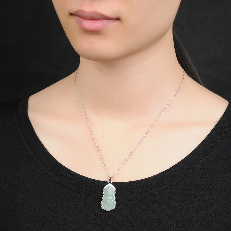 Sterling Silver Guanyin Pendant Necklace with Myanmar Jade Accents