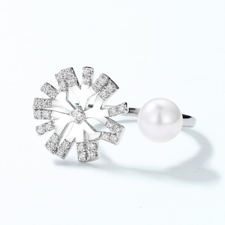 Zircon Snowflake and Round Pearl Opening Sterling Silver Ring