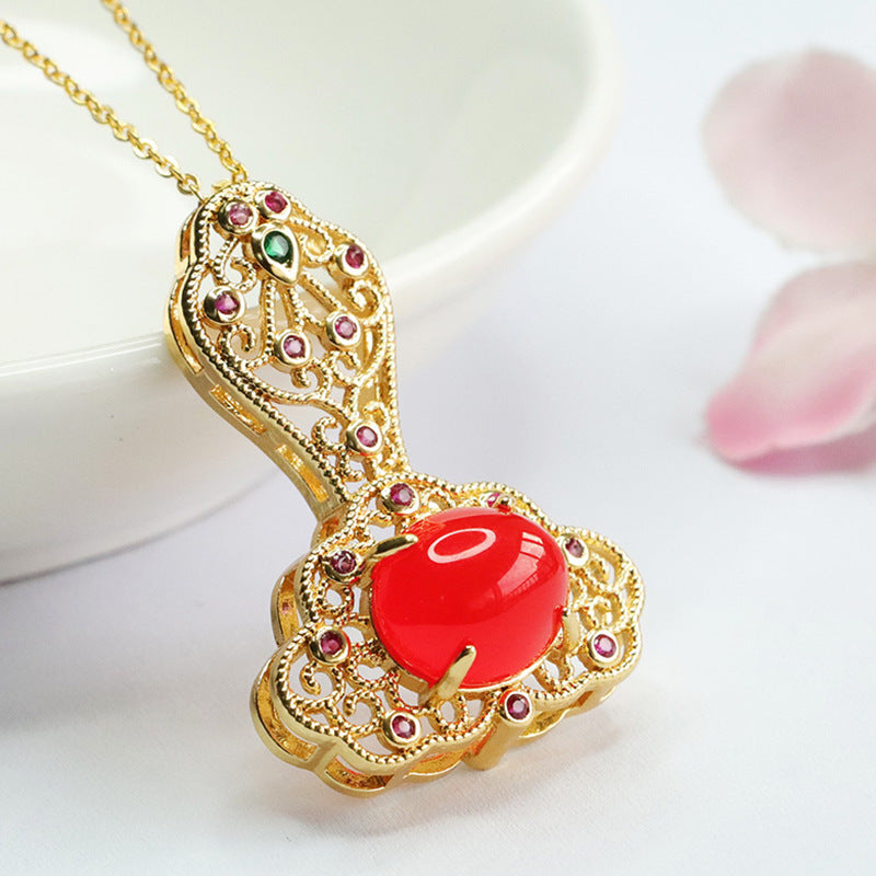 Auspicious Cloud Ruyi Golden Pendant with Ice Green Chalcedony and Red Agate in Ethnic Style