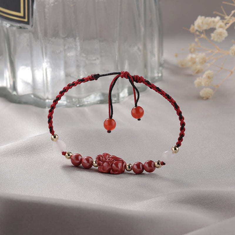 Cinnabar Braided Rope Bracelet with Sterling Silver and Bai Yueguang Charm