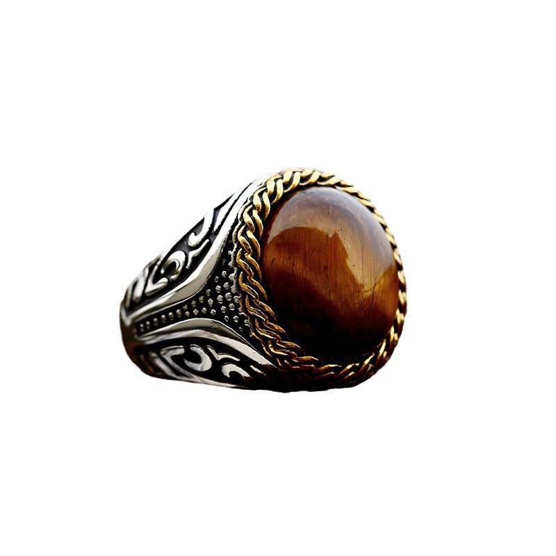 Elegant Tiger's Eye Inlay Ring Crafted from Woven Titanium Steel - Men's Fashion Jewelry