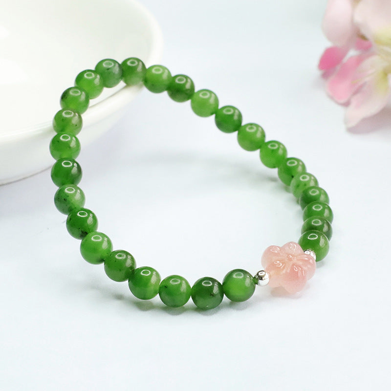 Hetian Jade and Agate Flower Jasper Bracelet with Sterling Silver Charm