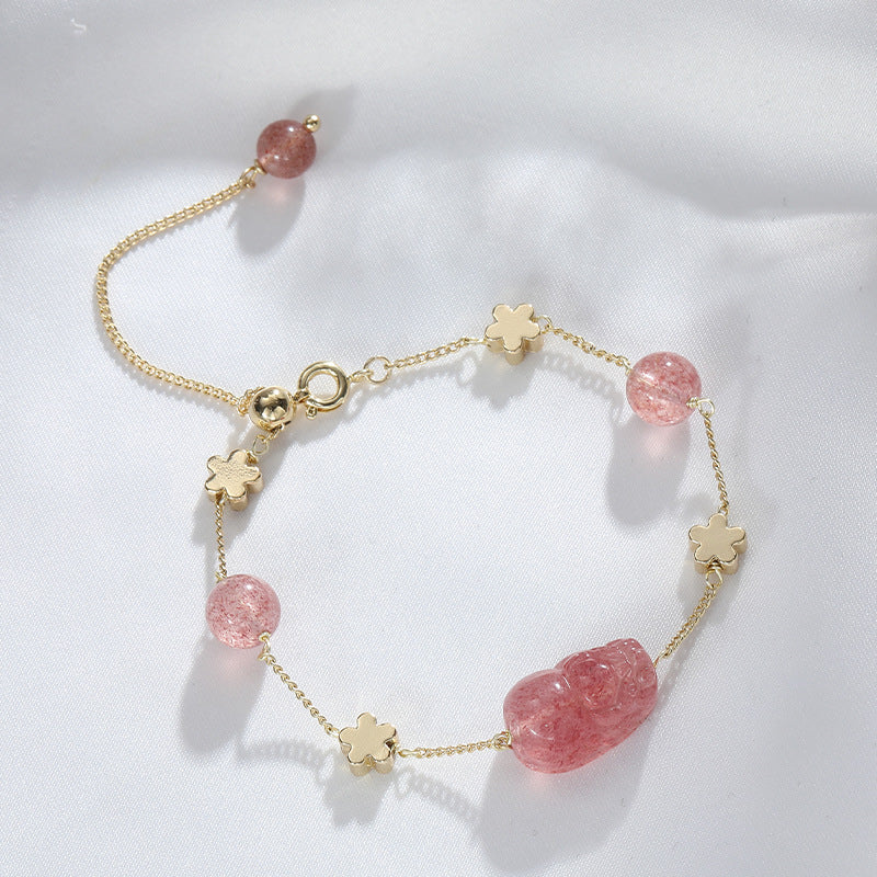 Fortune's Favor Crystal Bracelet with Pixiu for Females, Sterling Silver, Peach Blossom and Plum Blossom Fortune Bracelet, Ideal Gift for Girlfriend