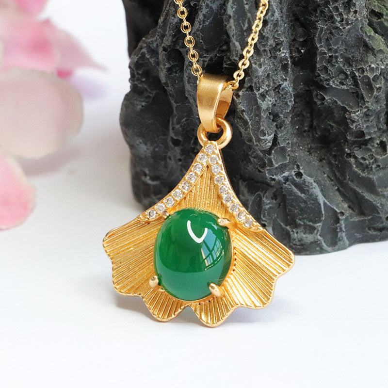 Ginkgo Leaf Pendant Necklace with Imperial Green Chalcedony