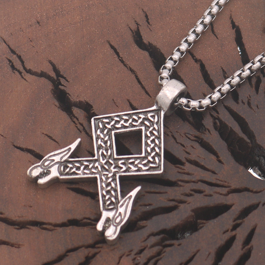 Nordic Wolf Head Rune Necklace with Titanium Steel Box Chain for Men