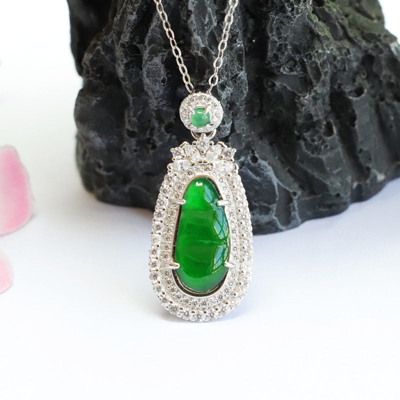 Green Jade and Zircon Sterling Silver Pendant Necklace