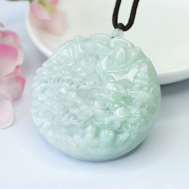 Myanmar Jade Sterling Silver Pendant with Landscape Carving