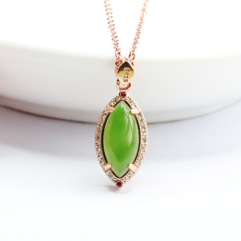 Sterling Silver Hotan Jade Pendant Necklace with Jasper Zircon Halo