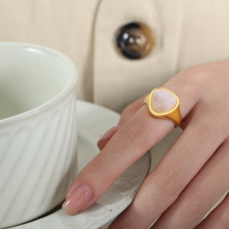 Natural Pink Spar and Tiger's Eye Titanium Steel Couple Ring