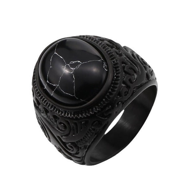 Retro Gem-Inlaid Titanium Steel Men's Engraved Ring - Wholesale Collection