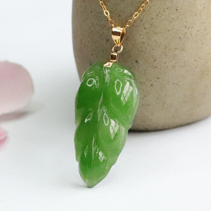 Jade Leaf Pendant Necklace in Russian Green Hotan Jade