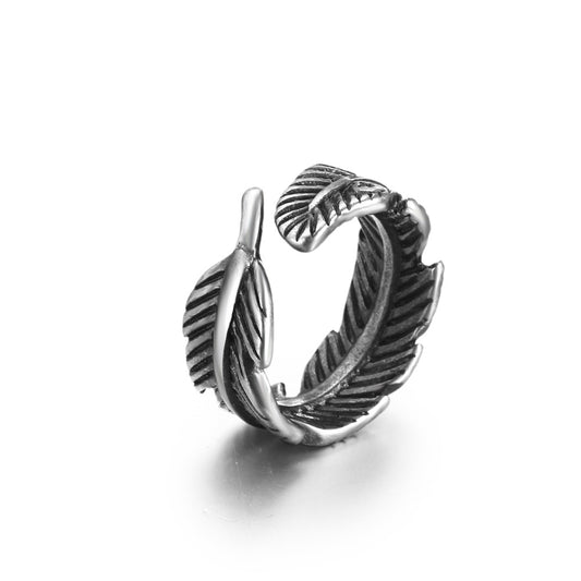 Titanium Steel Feather Ring for Men - European and American Design in Old White Bronze Finish