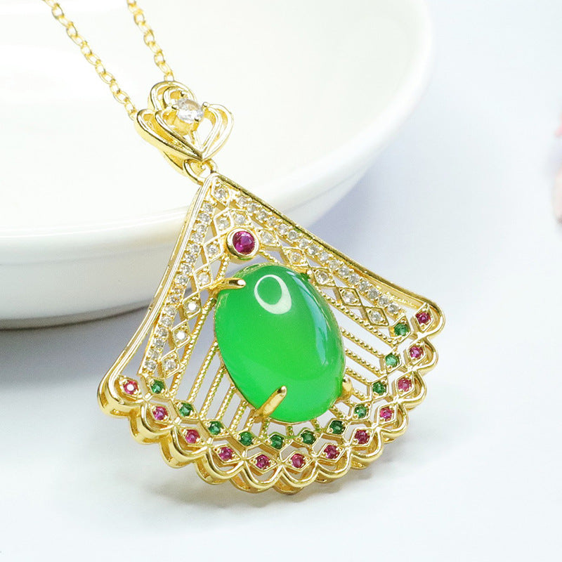 Peacock Patterned Zircon Pendant with Green Chalcedony Hollow Design