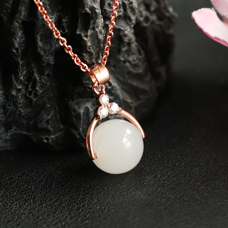 Elegant Zircon Necklace with Sterling Silver and Natural Hetian White Jade Beads