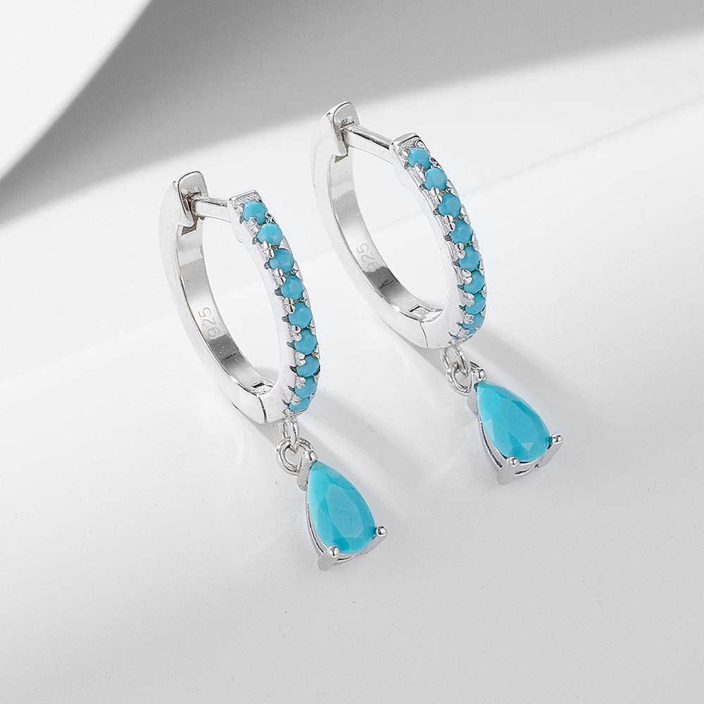 Water Drop Turquoise Silver Hoop Earrings