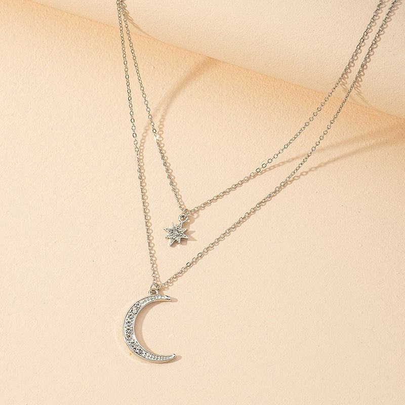 Twinkling Celestial Necklace: Trendy Double-Layered Diamond Pendant with Cross-Border Charm