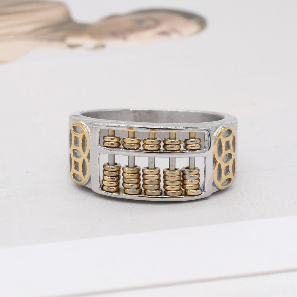 Everyday Genie Simple Titanium Ring with Chinese Style Copper Coin Design