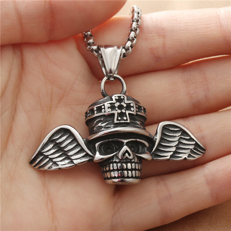 Punk-Inspired Titanium Steel Skull Wings Pendant Necklace for Men