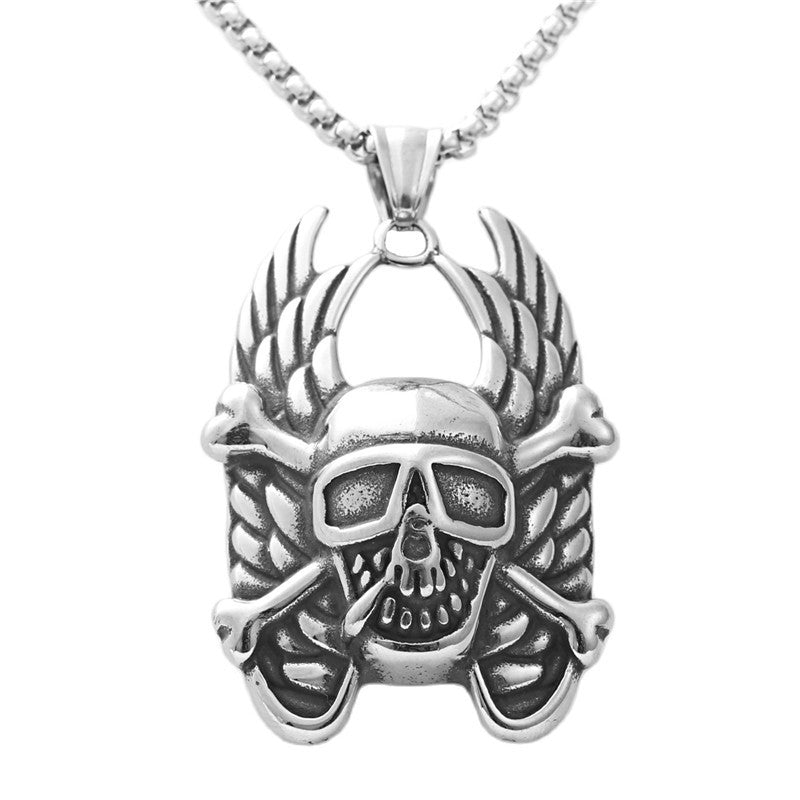 Personalized Punk Skull Wings Pendant Necklace for Men - Retro Titanium Steel Design