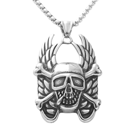 Personalized Punk Skull Wings Pendant Necklace for Men - Retro Titanium Steel Design