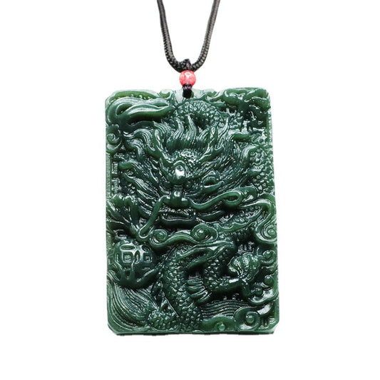 Dragon and Phoenix Double-sided Carved Green Jade Necklace