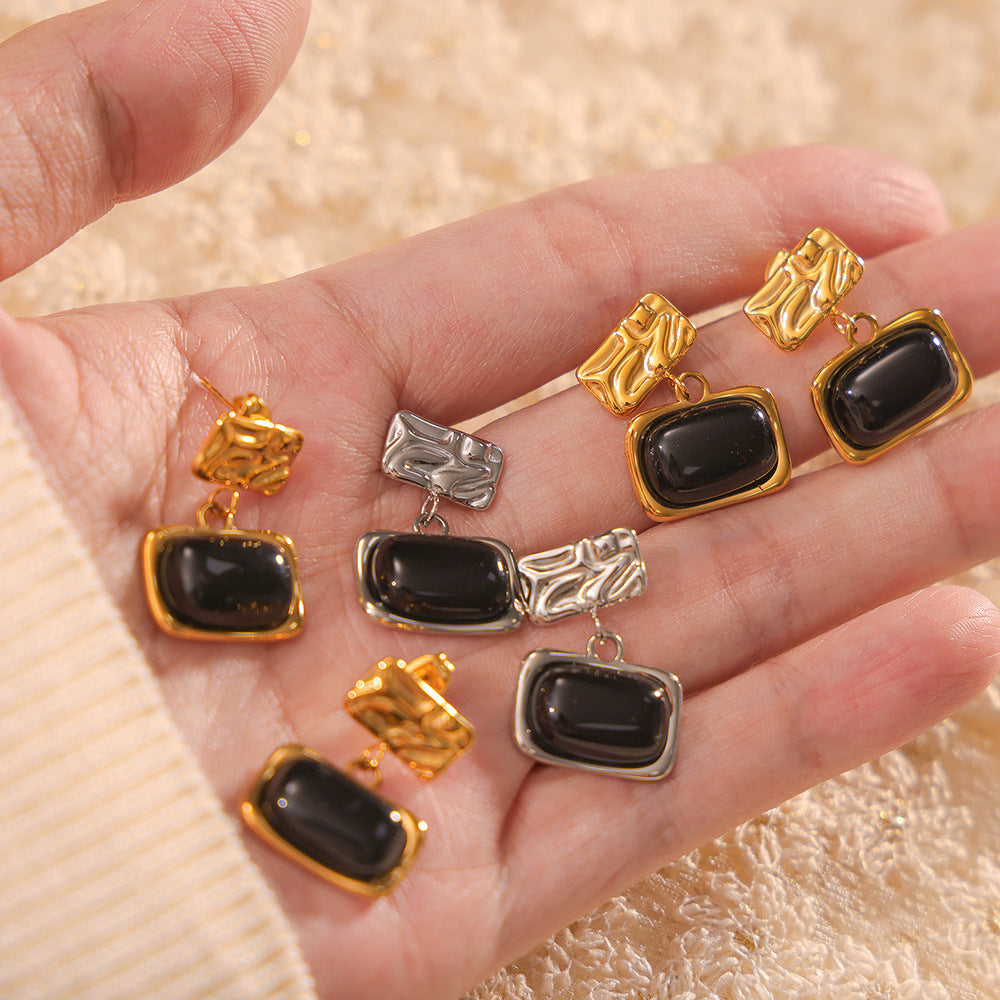 Elegant Black Glass Inlaid Gold-Plated Titanium Steel Earrings