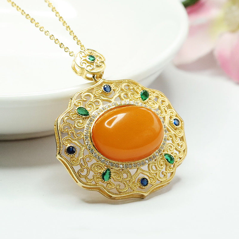 Sterling Silver Palace Style Beeswax Amber Pendant Necklace with Auspicious Cloud Design