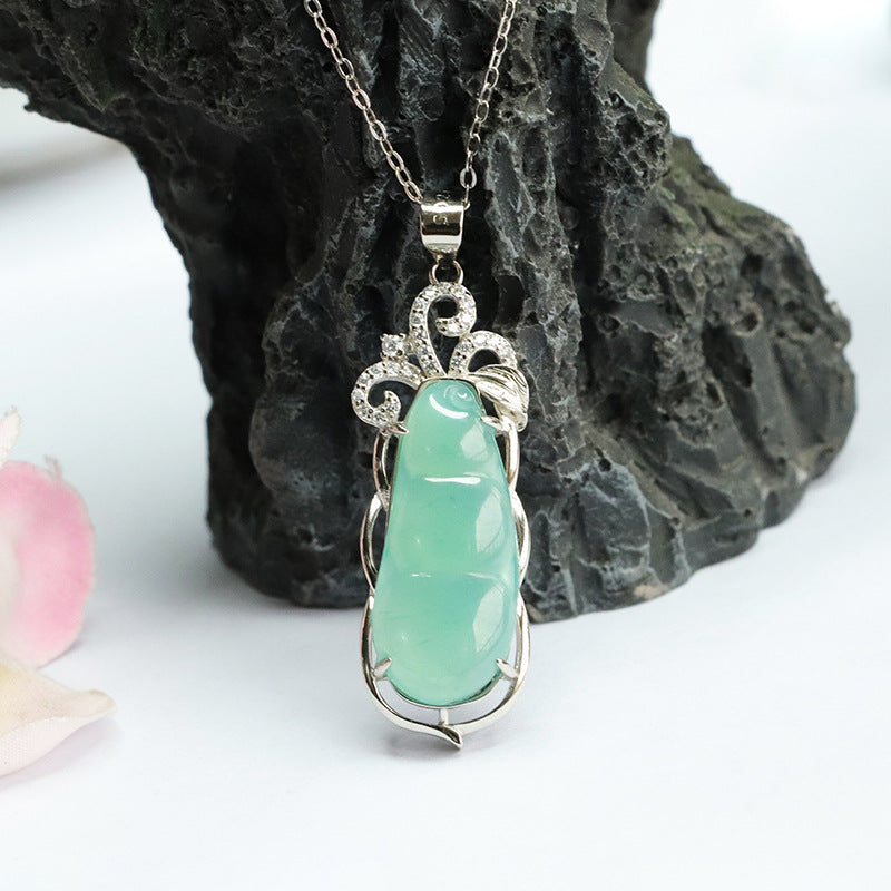 Green Bean Hollow Zircon Necklace with Ice Blue Green Jade in S925 Silver