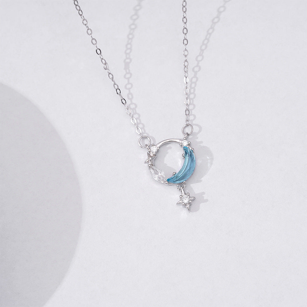 Circle Blue Moon Star Zircon Silver Necklace