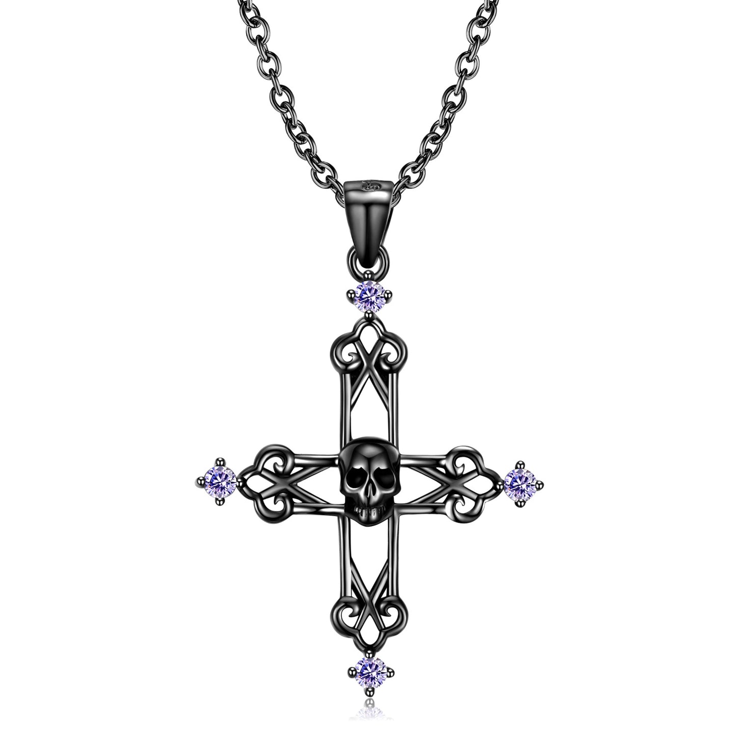 Black Skull Hollow Cross Pendant Purple Zircon Silver Necklace