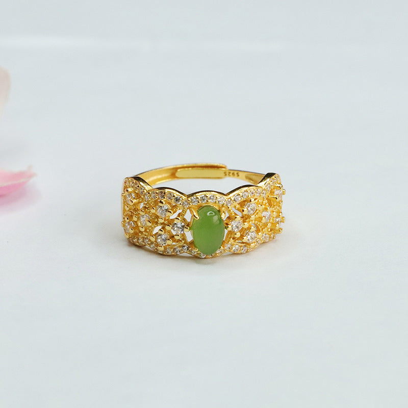 Zircon-Adorned S925 Silver Hollowed Hetian Jade Jasper Ring