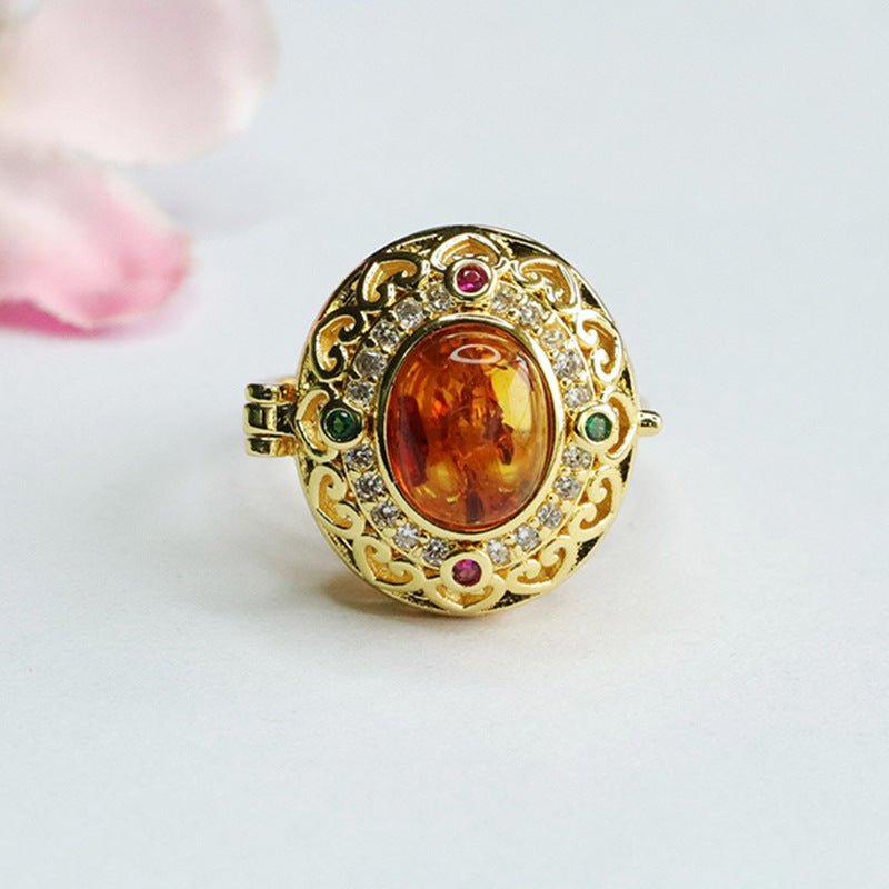 Amber Flower Bud Sterling Silver Adjustable Ring