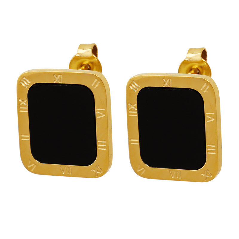 Luxurious Roman Numeral Square Stud Earrings in 18K Gold Plating