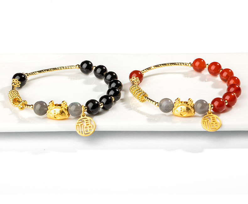 Zodiac Dragon Red Agate and Acacia Beads Bracelet by Planderful - Fortune's Favor Collection