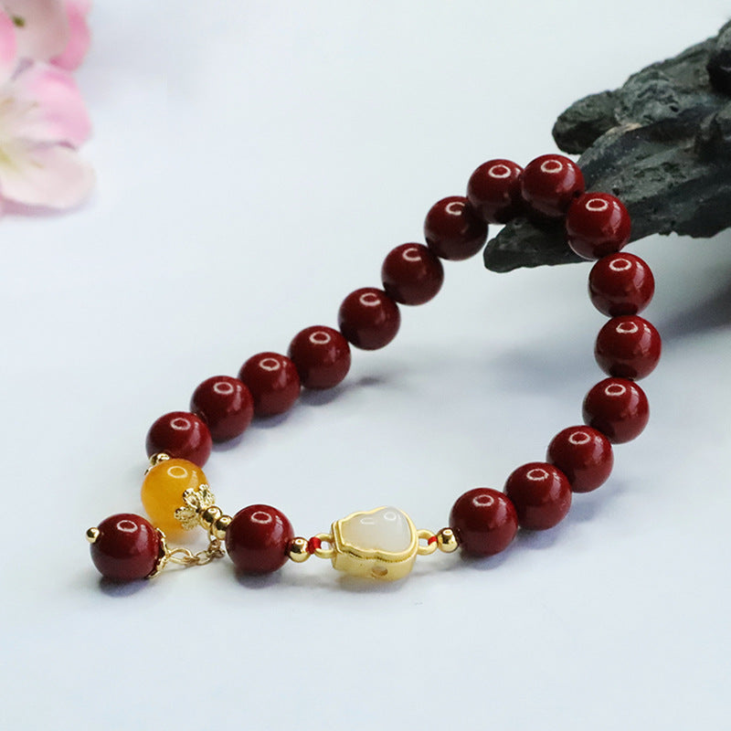 Gourd and Jade Sterling Silver Bracelet with Cinnabar Stones