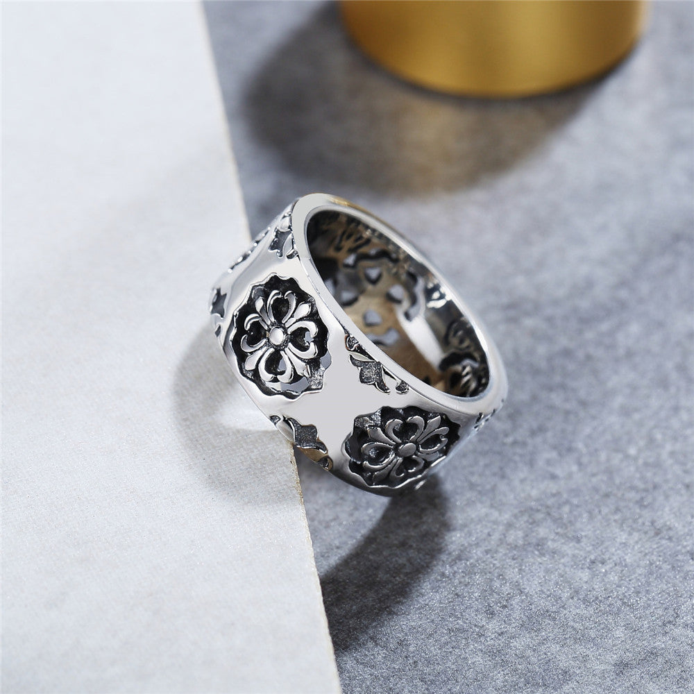 Hollow Cross Flower Pattern Titanium Steel Ring for Men