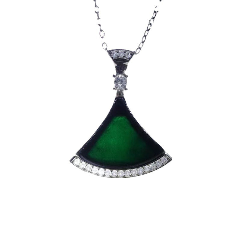 Sterling Silver Skirt Pendant Necklace with Blackish Green Jade