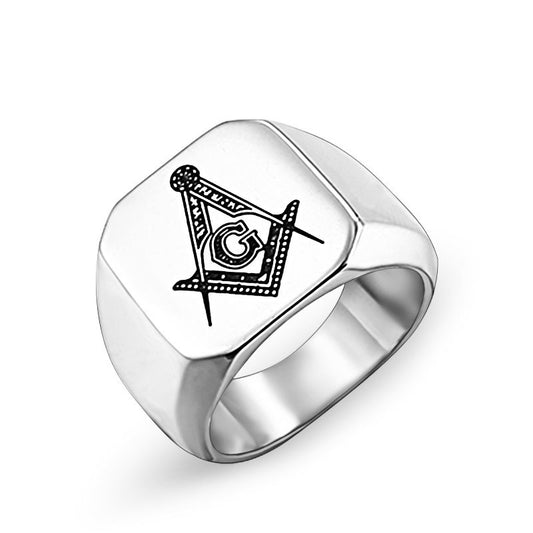 Freemason Double-Headed Eagle Logo Stainless Steel Ring for Men - Simple Letter G Titanium Steel Design