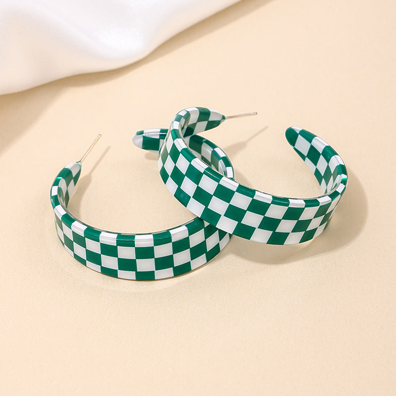 C-Shaped Checkerboard Earrings with Acrylic Details - Vienna Verve Collection